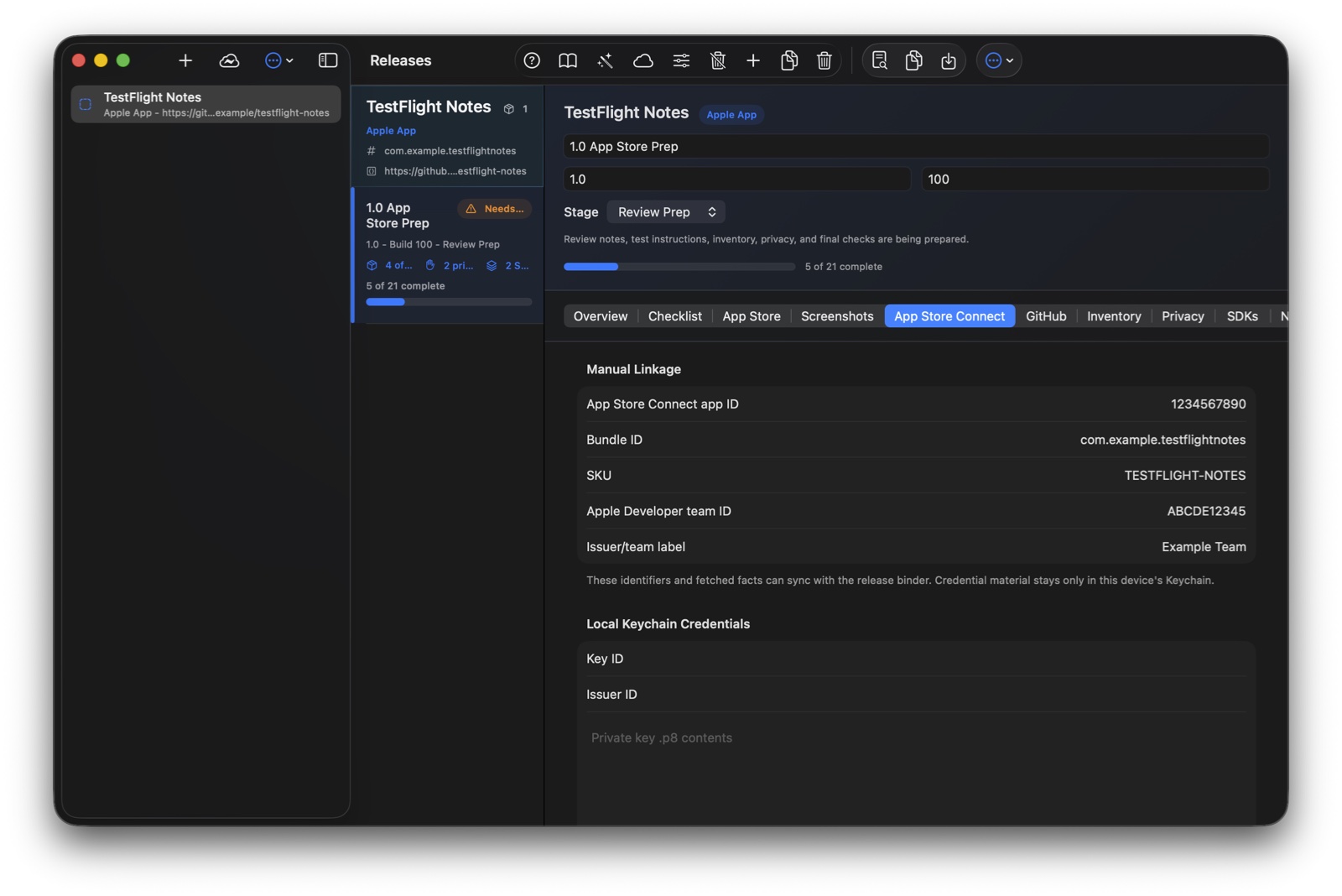 Release Binder App Store Connect tab with manual linkage and local Keychain credential fields.