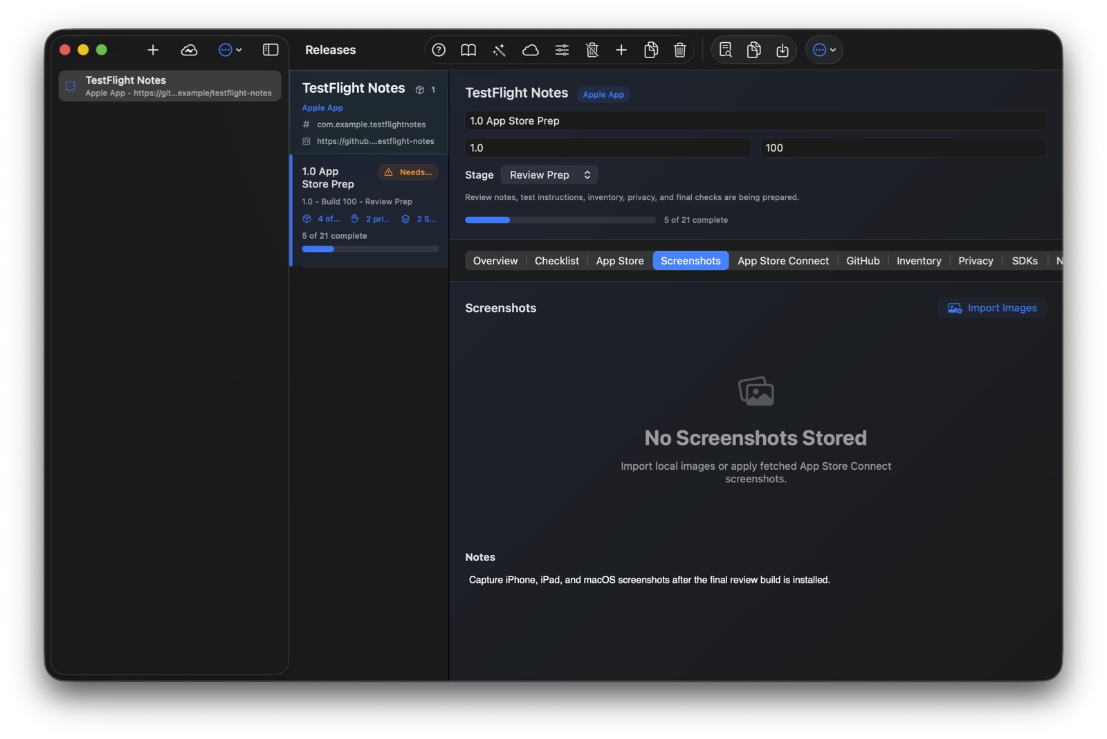 Release Binder Screenshots tab with stored image assets, preview, labels, and notes.