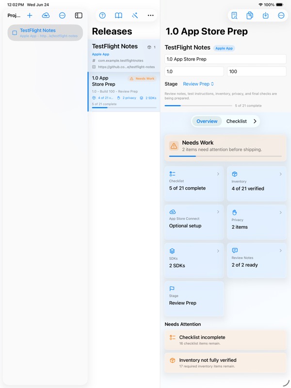 Release Binder running on iPad with sidebar, release list, and detail area.