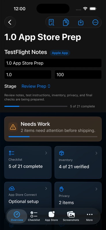 Release Binder running on iPhone with a release list and readiness progress.